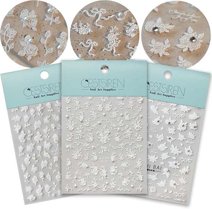 White Rose Flower Nail Art Stickers, Rhinestones Pearl Nail Decals, Self-Adhesive, Nail Accessories for Women, Nail Decorations 3 Sheets