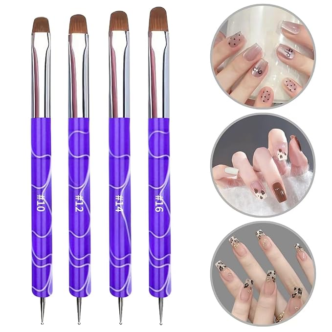 4Pcs French Tip Brush, Double-Ended French Brushes for Nails with Dotting Tool, Clean Up Brush for Gel Nail Polish, Size 10/12/14/16, Acrylic Nail Art Brushes, Manicure Tools for Nail Design-Lavender