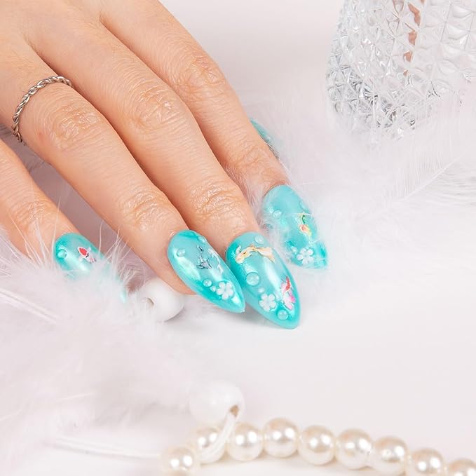 LOVFUL Press on Nails Wishing Fountain | Handmade with Full Covered Crystals | Reusable Fake Nails | Almond Regular 1.0 in | H307-S