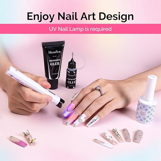 MelodySusie Nail Rhinestone Glue for Nails Super Strong Gel for Nail Charms Gems 3D Nail Gel UV Nail Glue for Nail Art Design Nail Chrome Powder Decals Decor Need UV/LED Cured 60g
