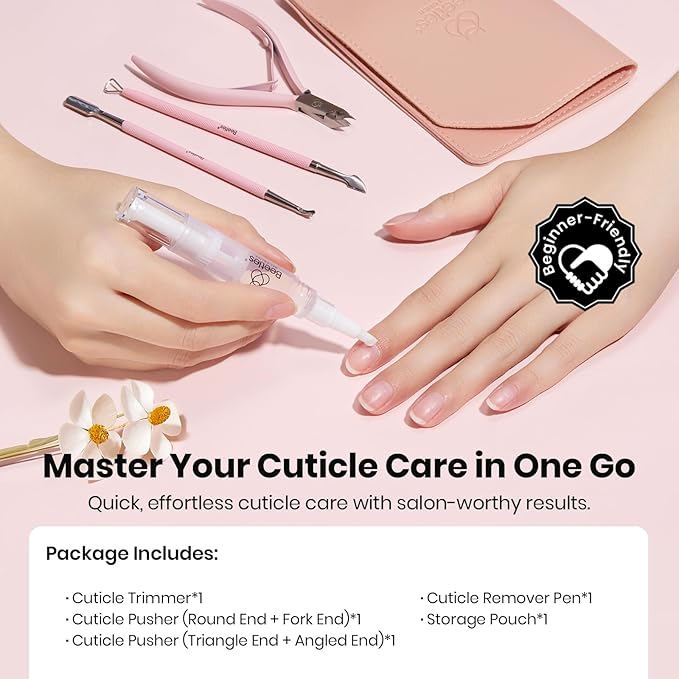 Beetles Manicure Kit for Women with Cuticle Remover, 3 PCS Pink Mani & Nail Art Brushes 8pcs – Crystal Nail Art Tools 5pcs Double-headed Nail