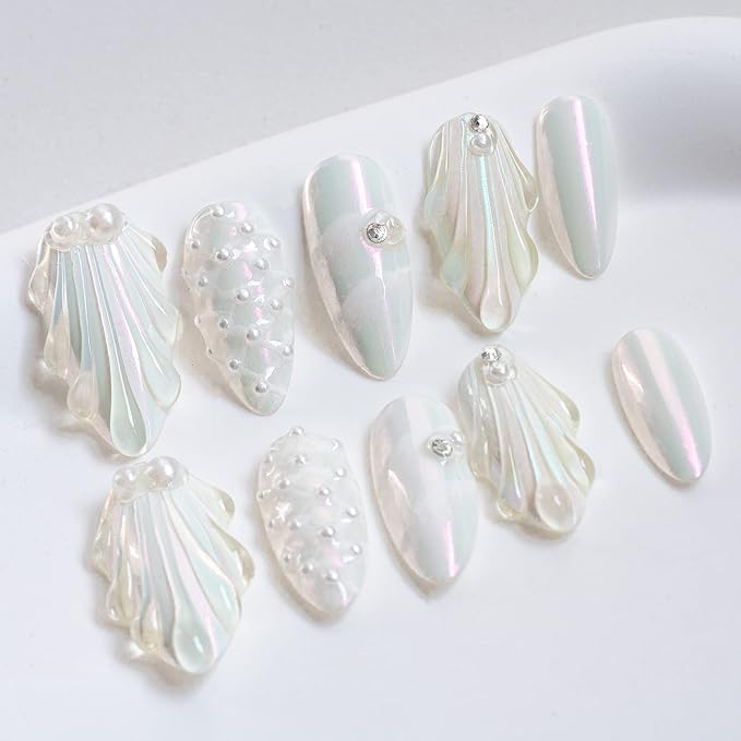 Sun&Beam Nails Handmade Press On Nail Medium Long Almond Oval Pink White Pearl Shell Fake Tip 3D Design Art Charms Cute with Storage Box 10 Pcs (#030 M)