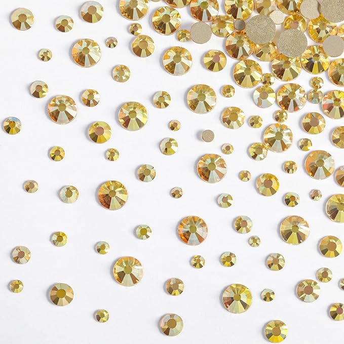 Beadsland Rhinestones for Makeup,8 Sizes 2500pcs Gold Flatback Rhinestones Face Gems for Nails Crafts with Tweezers and Wax Pencil,Metal Sunlight,SS4-SS30