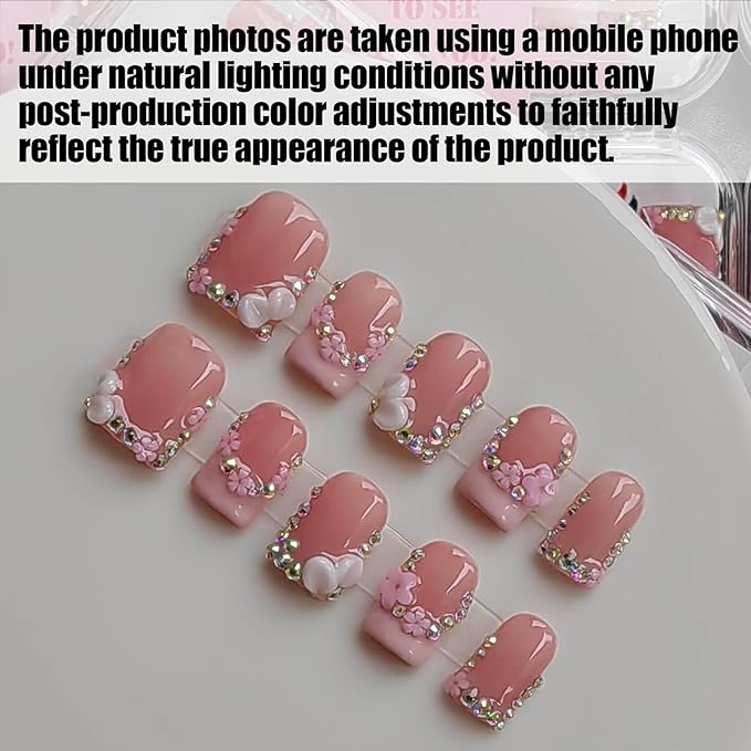 Handmade Short Press on Nails Square Press-on Nails Nude Base with Flower and Rhinestones Design French Tip Nails Press Ons 10pcs M Size Pattern 1102