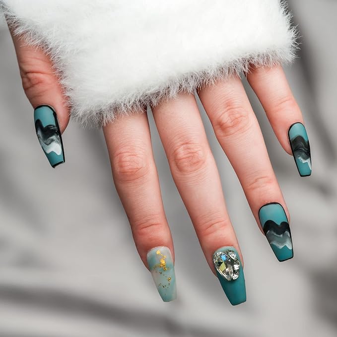 Sun&Beam Nails Handmade Long Coffin Ballerina Black Blue False Nail Tips with Cute 3D Diamond Popular Charm Design Press On Nails 10 Pcs (#71 L) (FN-HM-071-L.AU)