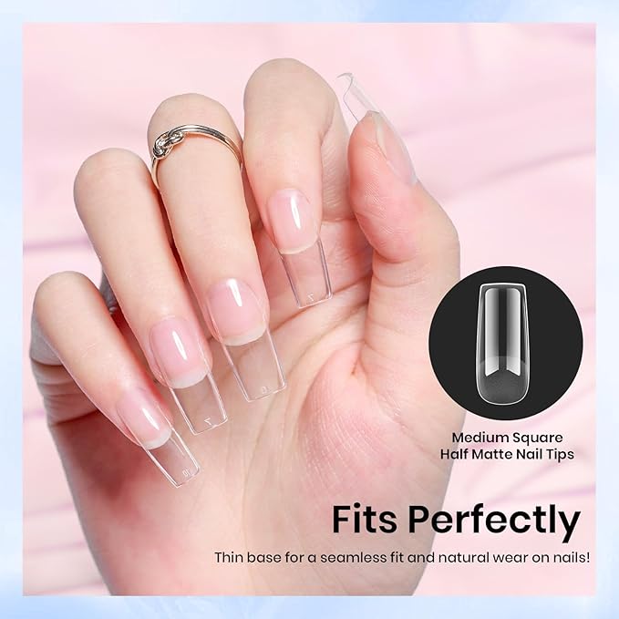 Beetles Gel Nail Tips, 576Pcs 12 Sizes Medium Square Pre-Etched Soft Acrylic False Nail Tips Half Matte Full Cover Press on Nail Extensions Gift Set Home DIY Nail Salon for Women Girls