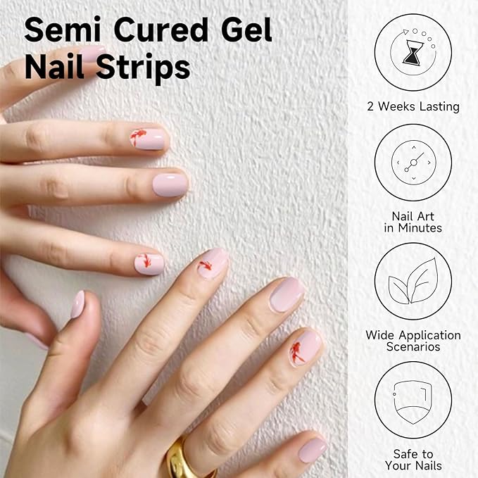 Semi Cured Gel Nail Strips, 28 pcs Gel Nail Stickers Work with Any UV Lights, Long-Lasting Nail Wraps, Stick on Nails for women Easy to Apply & Remove