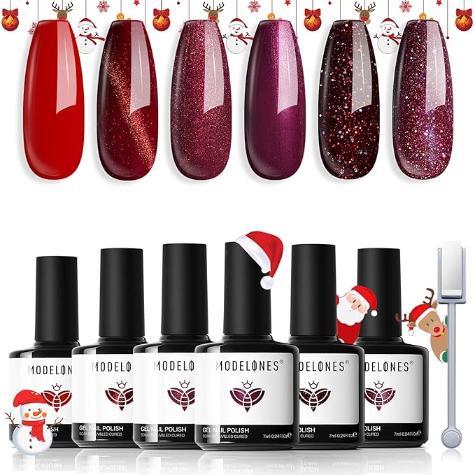 modelones Gel Nail Polish Set, 6 PCS Christmas Red Burgundy Purple Glitter Gel Polish Colors Cat Eye Chameleon Shimmer Soak OFF LED Nail Art Gel Nail Kit Manicure Salon DIY Nails Gift