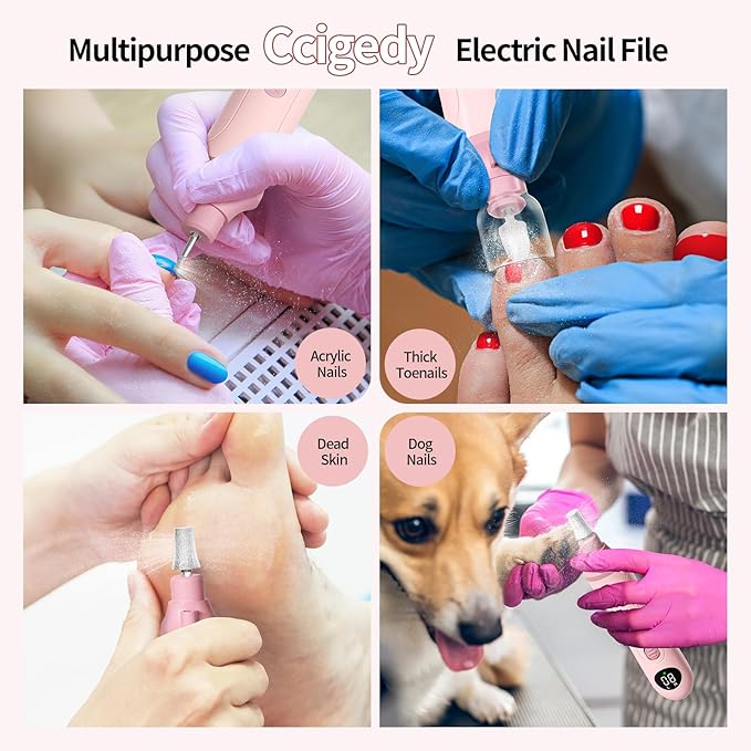 Electric Nail Drill Kit, Nail Filer Electric with LCD & Lamp, Rechargeable Pedicure Tools for Feet, Toenail Grinder for Thick Toenails, Cordless Nail Dremel Tools for Women & Men