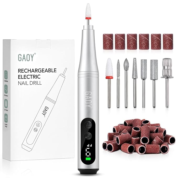 GAOY Cordless Electric Nail File for Beginners, Nail Drill with Drill Bits and Sanding Band Set for Acrylic Gel Nails, Hand Feet Trimmer Buffer Tool, Sliver