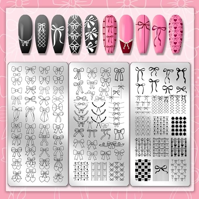 PH PandaHall 3pcs Bows Nail Stamping Plates Bowknot Print Nail Stencils Ribbons Bow Manicure Art Templates Bow-Tie with Heart Cherry Nails Art Stencils for Women DIY Manicures Salon Design