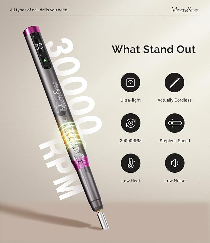 MelodySusie Pen-Shaped Ultra-Slim Cordless Nail Drill, PM170F 30000RPM Portable Rechargeable Electric File with LED Display for All Manicure, Nail Care, Shaping & Gel Removal for Advanced Home Use
