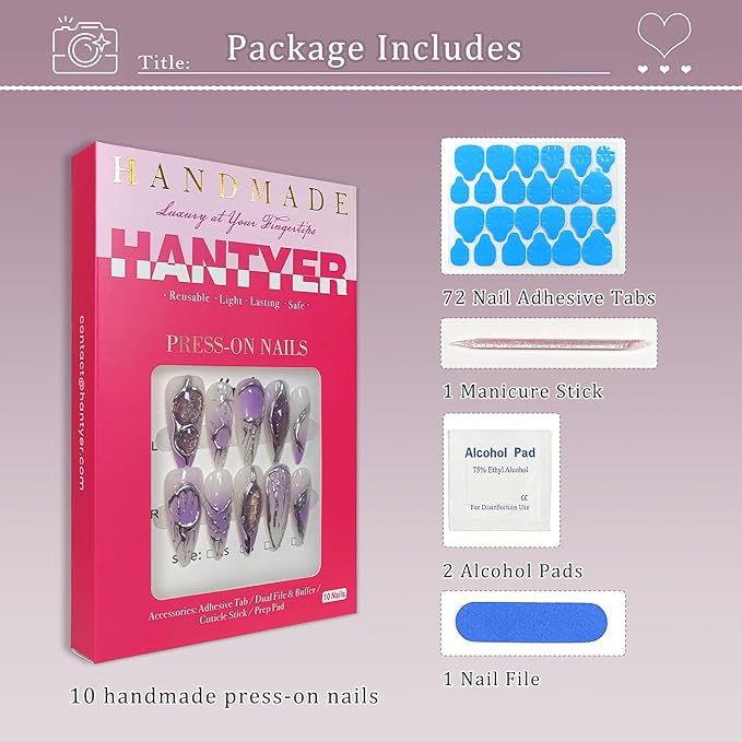 Lavender Ombre Metallic Hand-Painted Cat Eye Press on Nails, Long Stiletto Glossy Iced Edgy Fake Nails, Reusable Sweet & Cool False Nails for Women Y2K Party Special Occasion Full Set (Size M)