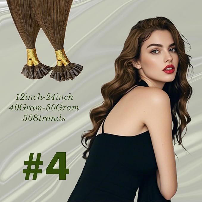 RUNATURE U Tip Human Hair Extensions Brown Straight Pre Bonded Hair Extensions Soft Keratin Real Hair 18 Inch 50g 50s