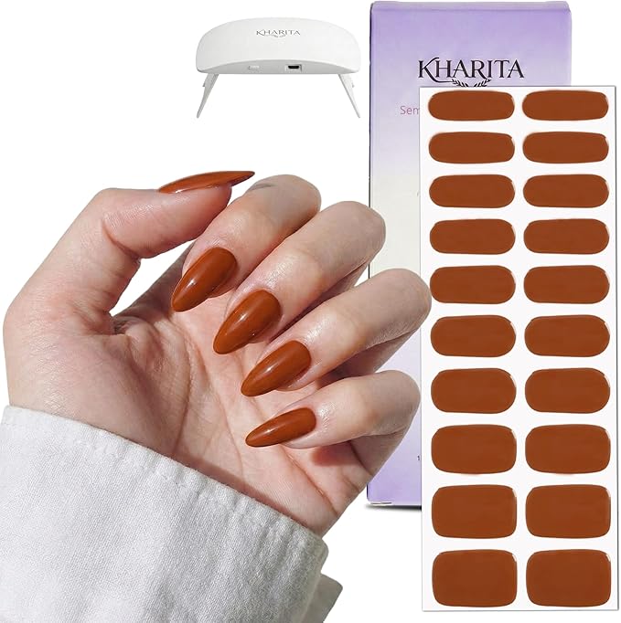 Semi Cured Gel Nail Strips – Real Gel Nail Polish Wraps for Brittle Nails | Waterproof Long Lasting Easy Peel-Off Removal | Hema-Free | 20-Piece Brick Red Salon Kit with UV Lamps