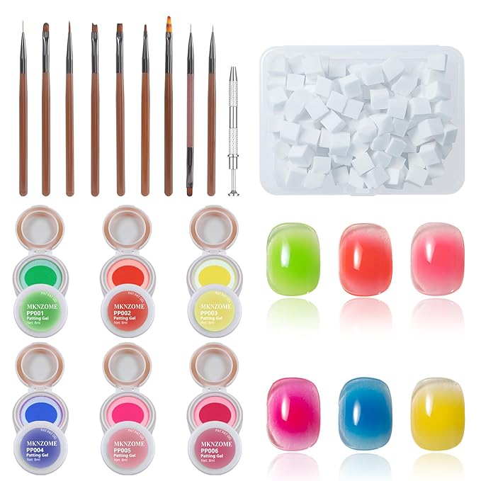 Neon Patting Gel Polish, 6 Color Bright Fluorescent Cushion Gradient Solid Aura Pat Painting Gel Set with Ombre Nail Sponge for DIY Beginner Design Salon Home Soak Off UV, D