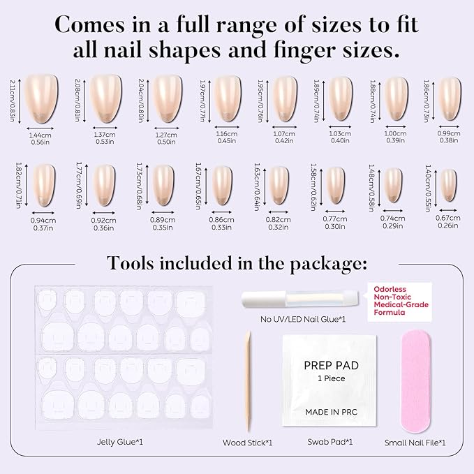 Luxbon Almond Press On Nails with No-Cure Nail Glue and Tool Kit – French Manicure Glue On Nails 30-32pcs Full Size Set, Reusable Fake Nails for Women, Fit Perfectly, Pearlescent Pink