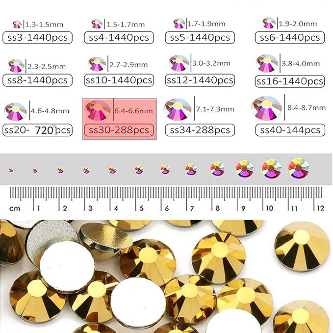 Dowarm 288 Pieces SS30 Flatback Rhinestones, 6.5MM Glass Crystal Nail Rhinestones, Bright Gold