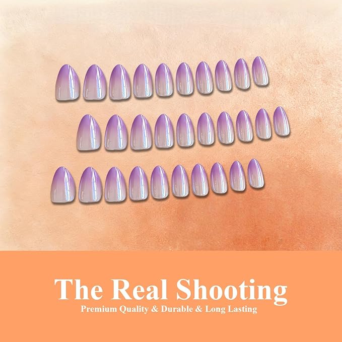 Chrome Ombre Lilac Press on Nails Short Almond, Glazed Cute Fake Nails with Sparkle Mirror Design, Shiny Glitter Glue on Nails Stiletto, Gradient Nude Gel Nail Press ons with Glue 30 Pcs
