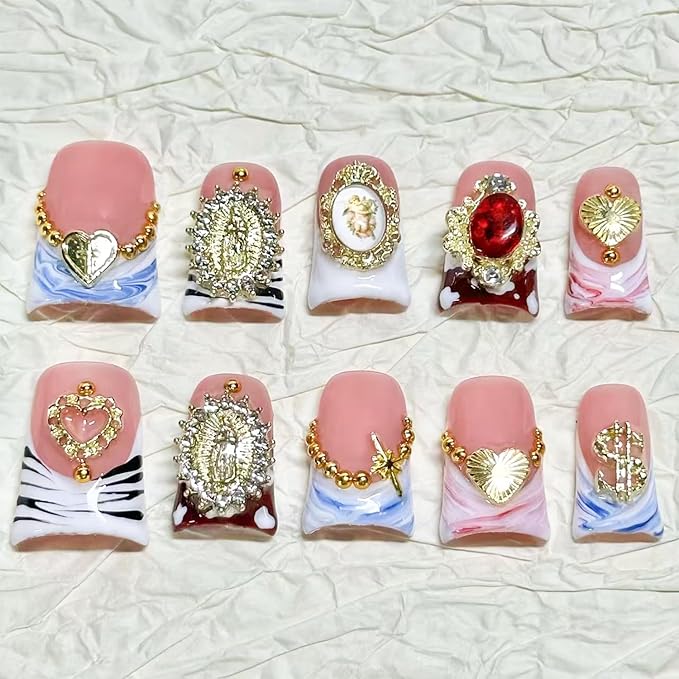 10 Pcs Duck Press on Nails Medium Fake Nails Sea Waves Pink French Tip Handmade False Nails with Glue, with 3D Golden Heart Design Artificial Acrylic Stick on Nails for Women（M）