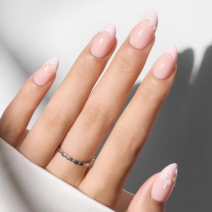 Modelones French Tip Press on Nails Almond, Short Almond Fake Nails, Semi-Transparent Soft Nail Kit with Nail Glue Adhesive Tabs Nail File, Spring Nails Press Ons 30Pcs 15 Sizes, Pink Flower
