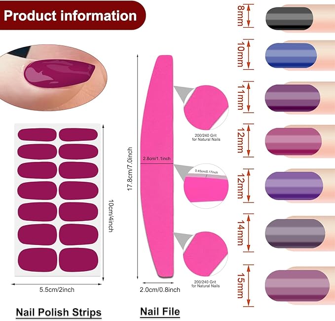 SILPECWEE Nail Polish Strips, 16 Sheets Dark Nail Polish Stickers Full Nail Wraps Self Adhesive Nail Stickers Gel Nail Strips Fingernail Nail Art Sticker Nails for Women with Nail File