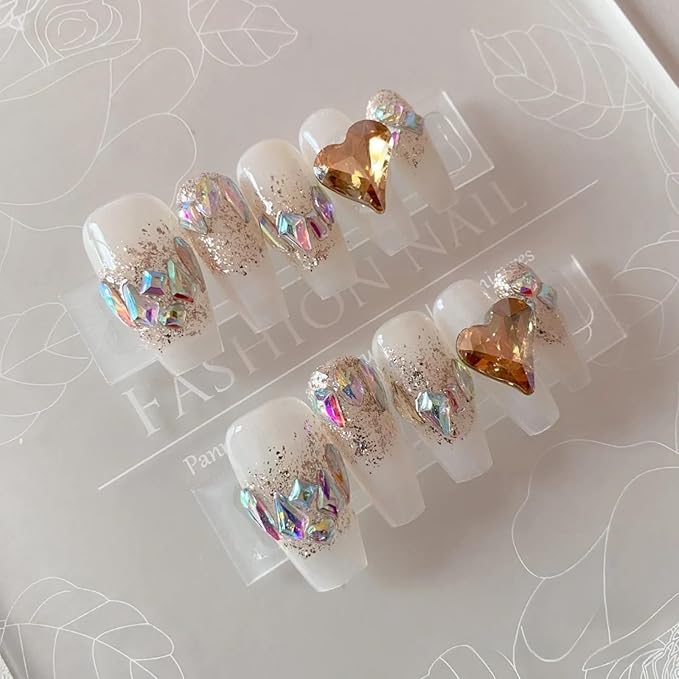 Acrylic Handmade Press On Nails long,3D White Gel Coquette Thick Strong Glue On Nails,Rhinestone Heart Designs Coffin Fake Nails Kit Reusable,10 Nails Size S,#457