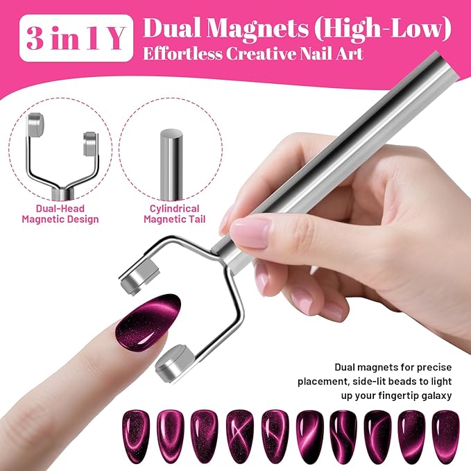 3PCS Nail Art Magnet Set - Pink 6-in-1 Cat Eye, Y-Shape Dual Head & Heart Magnetic Tool for Salon & Home Gel Manicure Designs