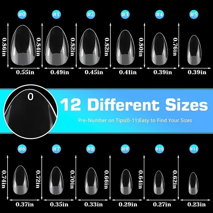 240pc Almond Gel Nail Tips Short Fake Nails for Press on Nails Clear Acrylic Nails Tips, 12 Sizes Full Cover Nail tips Almond Soft Gel Nail Tips False Nails Extension Artificial Fingernail