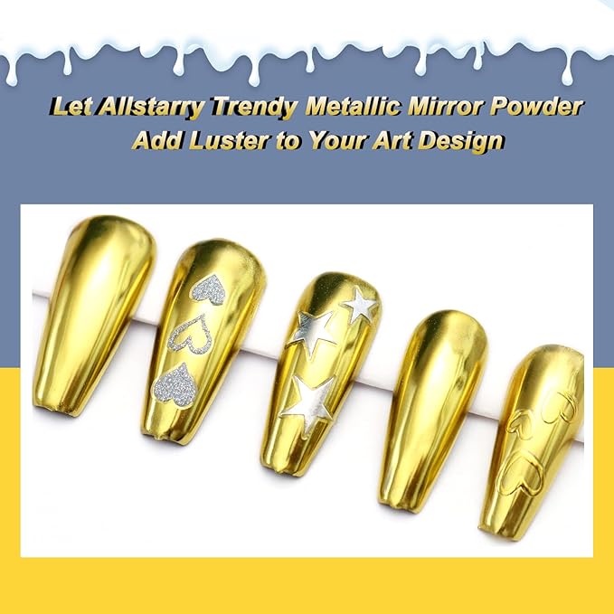 Allstarry Gold Chrome Nail Powder, 2pcs Metallic Mirror Effect Dust Glitter Glazed Manicure Decoration Reflective Pigment for Gel Polish Nail Art Decoration Resin Craft, Festivals - Gold