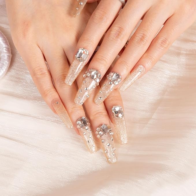 LOVFUL Press on Nails Shine Bright Like a Diamond | Handmade with Full Covered Crystals | Reusable Full Cover Nails | Coffin Classic Regular 1.3 in | H06-L