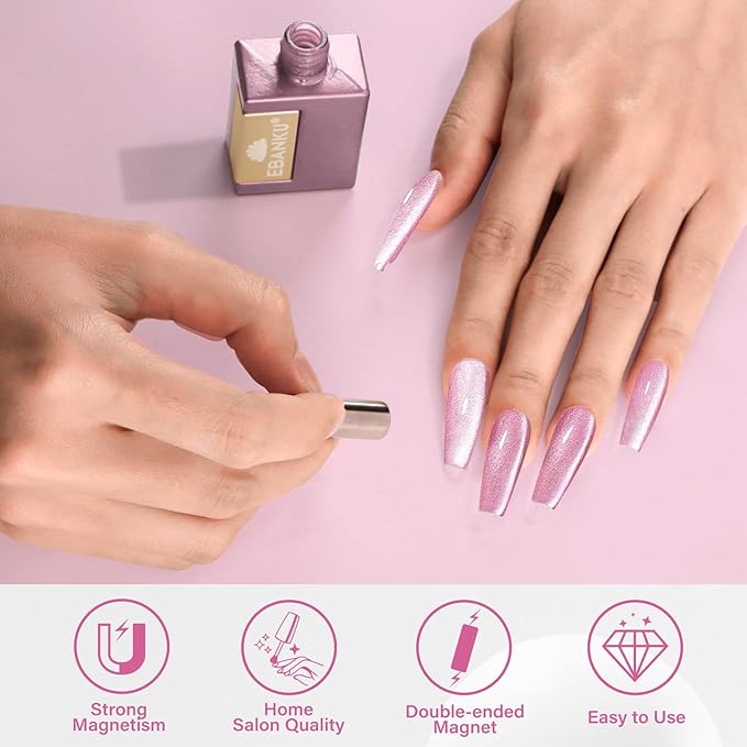 EBANKU Cat Eye Gel Nail Polish, 15ml Glitter Holographic Nail Polish with Magnet, Reflective Translucent UV Gel Polish Valentines Salon DIY at Home(Pink)