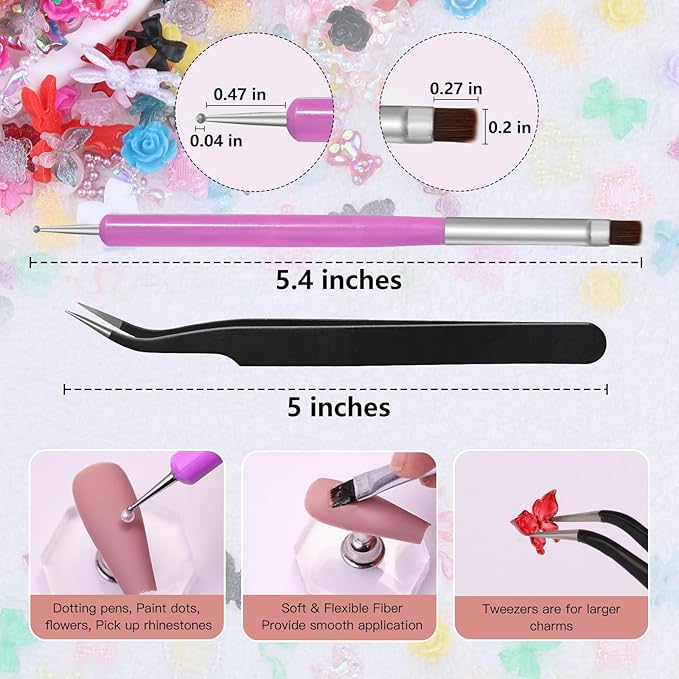 3D Nail Charms Set 9 Colors Flower Butterfly Bow Rabbit Nail Gems Big Bear and Heart Nail Jewels Pearls for Nail Art, Craft and Decoration with Tweezer and Brush