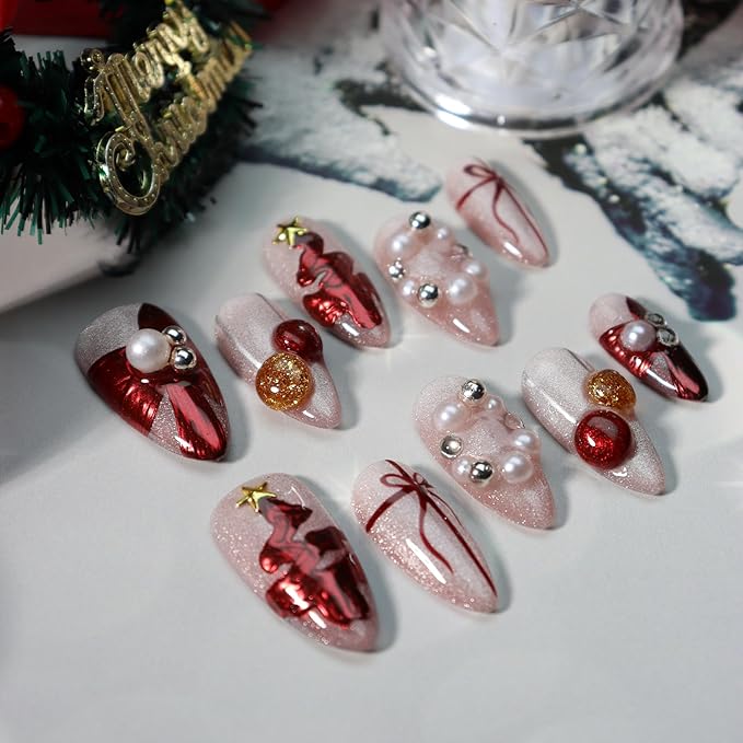 Christmas Press on Nails Bow Fake Nails Hand-Painted Nail Xmas Tree Glue on Nails with Pearl Design Handmade Nail Press ons Glitter Full Cover Almond Stick on Nail for Women Shiny Manicure (S)