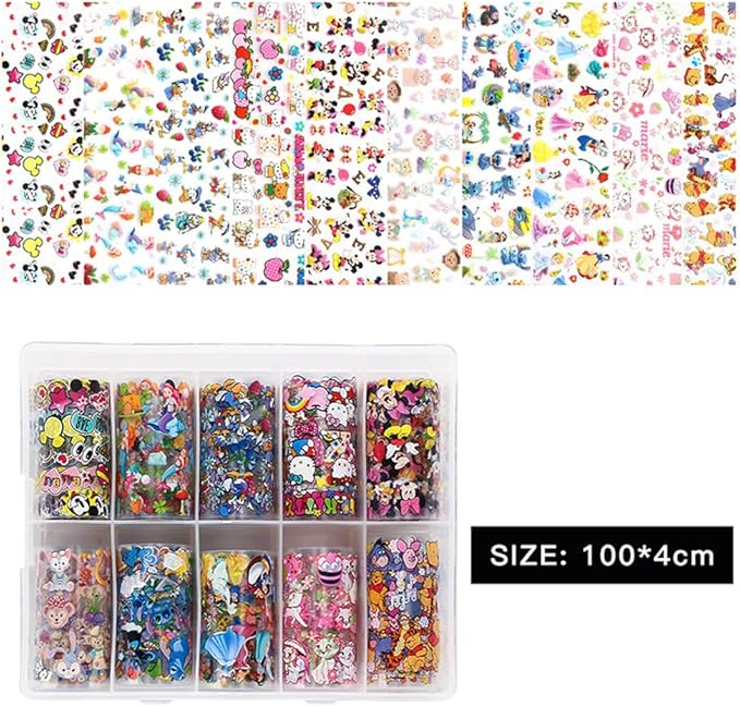 10 Rolls Cute Cartoon Nail Foil Transfer Stickers Nail Art Supplies Designer Nail Stickers Holographic Nail Art Foil Decals Cartoon Nails Designs for Women Acrylic Nails Decoration