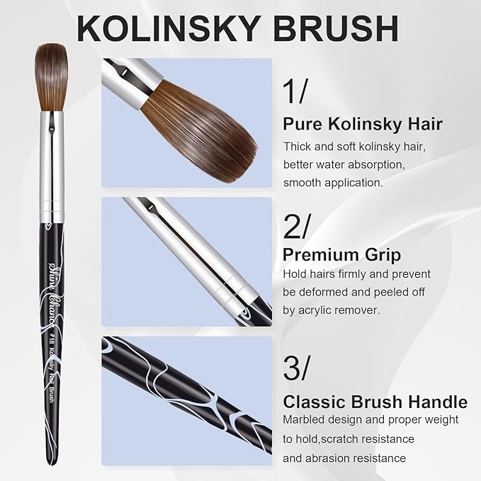 Acrylic Nail Art Brush Size 18, 100% Pure Kolinsky Hair Oval Nail Brush for Acrylic Application, Professional Nail Extension Manicure Tool Striping Nail Drawing Pen for DIY Home Salon