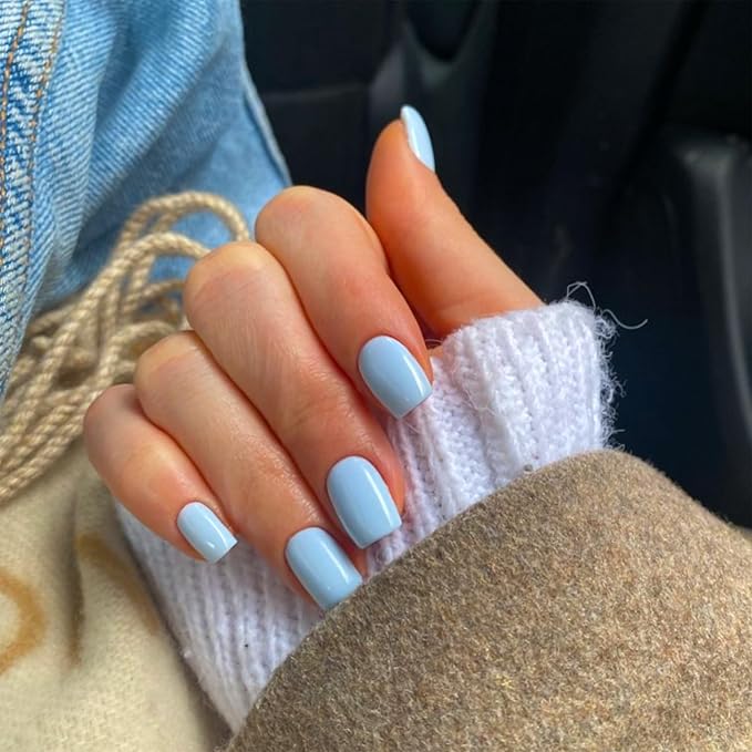 Sky Blue Press on Nails Short Square, Natural Short Gel Nails Glue on Acrylic Nails Press ons, 48Pcs Thick Reusable Fake Nails for Women, Short Coffin Artificial Nails New Solid Color Square Nails
