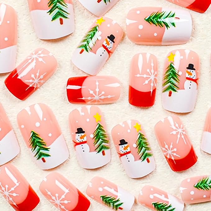 Christmas Press on Nails Medium Square MABKJLF French Tip Fake Nails False Nails with Snowman Snowflake Tree Designs Glossy Glue on Nail Winter Full Cover Acrylic Nails for Women Girls 24Pcs