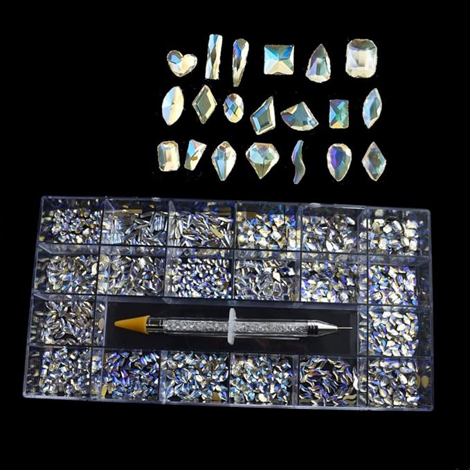 1000PCS Flat Back Gems 20 Shapes Crystal Rhinestones+1 Pick Up Pen Diamond-Shaped Rhinestone Luxury AB Glass 3D Crystals Decoration Gemstones Flat-Back Jewelry for Crafts Nail Art Shoes Bags DIY
