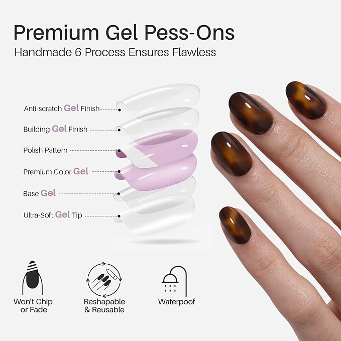 Tortoise Shell Press on Nails Short - SHANGMENG Soft Gel Oval Press on Nails for Women, Seamless Fit & Glossy Glue on Nails 16 Sizes - 32 Reusable Fake Nails Kit with Glue, Amber Memory
