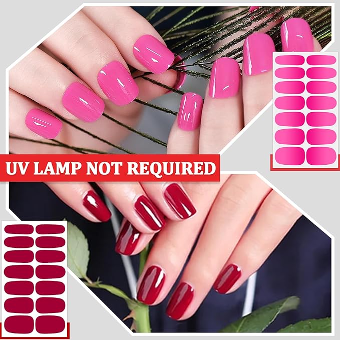 SILPECWEE 16 Sheets Nail Polish Stickers Nail Wraps for Women Gradient Color Gel Nail Stickers Self Adhesive Nail Polish Strips Fingernail Sticker with Nail File (Pink Style)