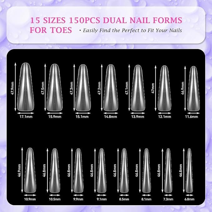 outopen 150pcs Long Straight Stiletto Dual Nail Forms Clear Full Cover Nail Extension Art Mold with Scale Reusable Nail Forms for Polygel Acrylic Extension Beginners DIY Manicure, 15 Sizes