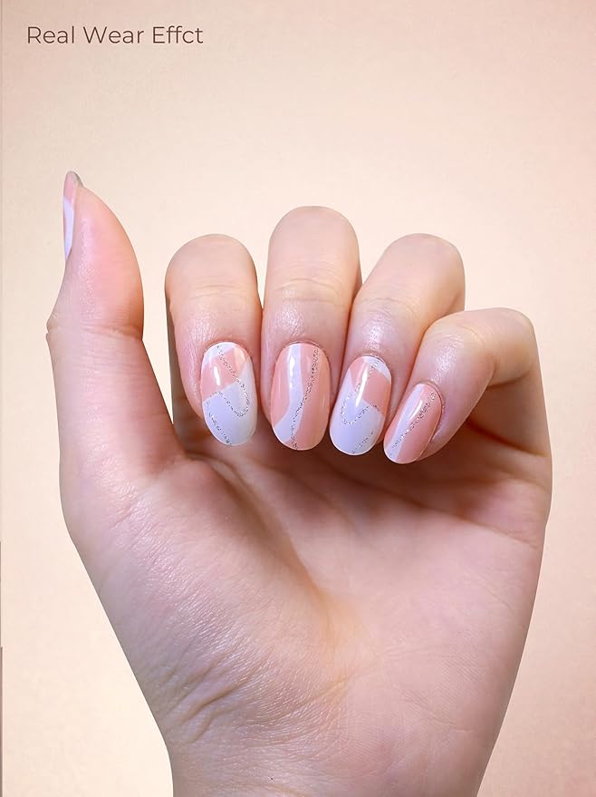 Pre Cured Gel Nail Strips - 44PCS Salon Quality Gel Nail Stickers - Long Lasting Polish Wraps for Women no UV Light Needed Easy Apply & Remove (Marble Pink)