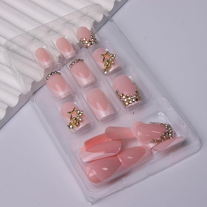 French Tip Press on Nails Square Fake Nails Gold Rhinestones False Nails with Gold Stars Charms Design Artificial Full Cover Glue on Nails for Women Manicure 24Pcs