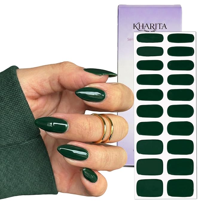 Semi Cured Gel Nail Strips – Real Gel Nail Polish Wraps for Brittle Nails | Long Lasting Easy Peel-Off Removal | Hema-Free | 20-Piece Solid Dark Green Salon Sticker Kit with File & Stick