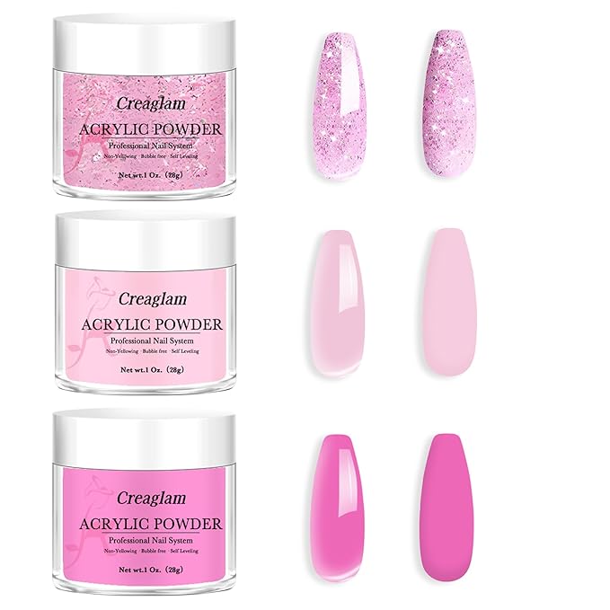 Acrylic Powder Large Capacity: 3Pcs 1 Oz. Orchid Glitter Super Nail Polymer for 3D Art Carving French Extension - 28g Pink-a-boo Phlox Pink Professional Acrylic Powder No Need Lamp