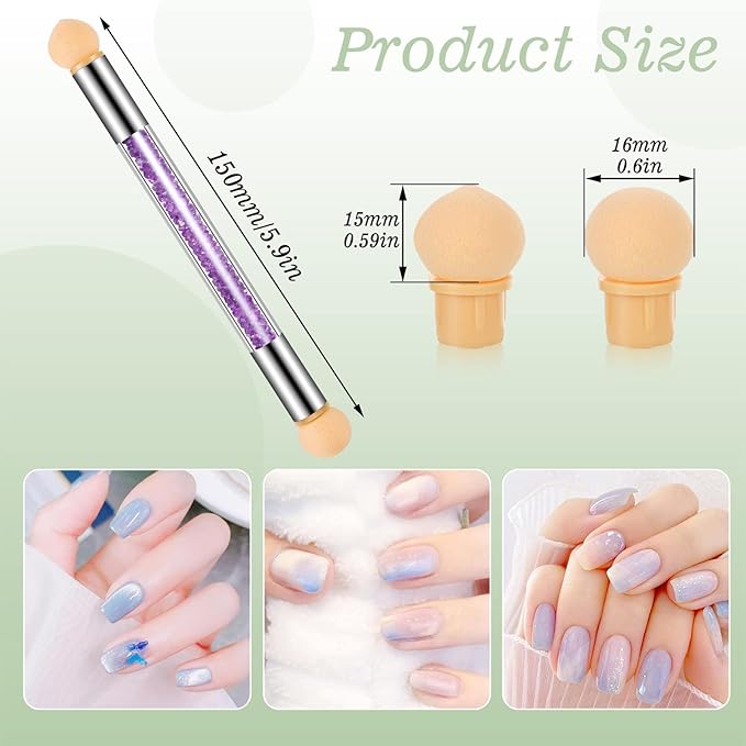 17 Pcs in 1 Set Nail Sponges for Ombre, Double-Head Ombre Brush for Gel Nails with 16 Pcs Replacement Head (Purple)