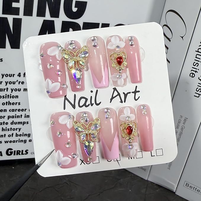 Handmade Press on Nails Flower Press on Nails Pink French False Nail 3D Rhinestones Butterfly Designs Long Coffin Fake Nails Full Cover False Nail Acrylic Nails for Women Art Manicure (Size M)