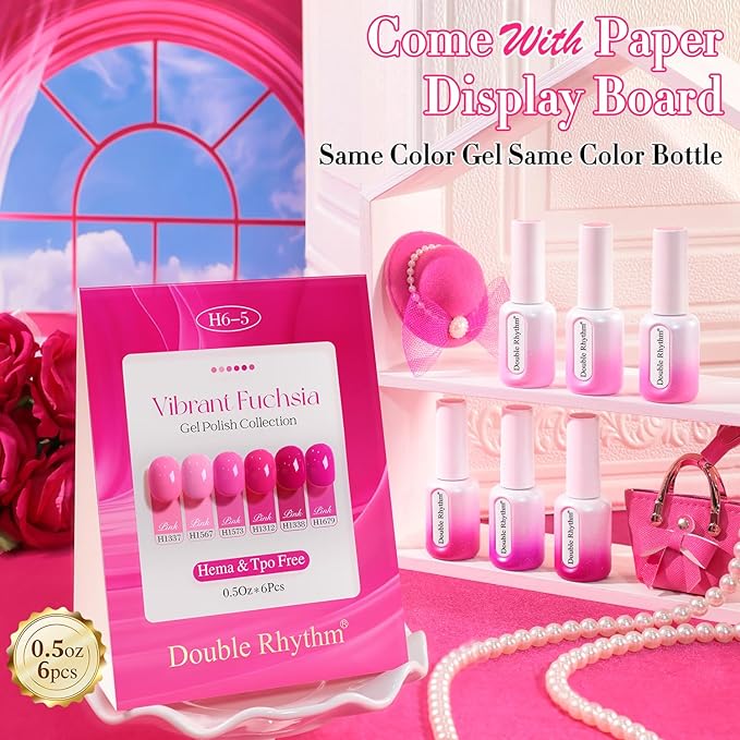 Double Rhythm 6 Pcs Hema Free Gel Polish Set 0.50 OZ Same Color Same Bottle Soak Off Neutral Natural Milky Gel Polish Kit Nail Art Manicure Salon DIY at Home (Bright Pink Purple-H6-5)