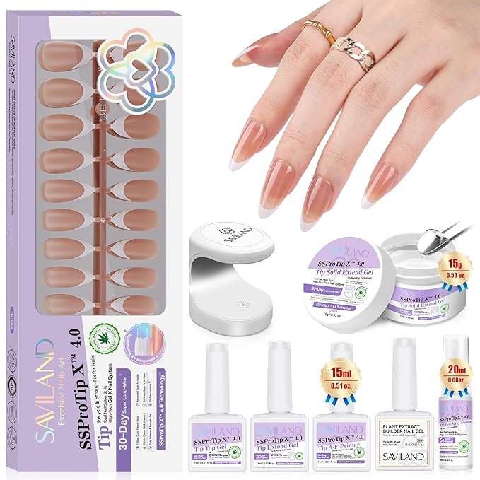 SAVILAND Press On Nails For Women: 4-In-1 French Tip Press On Nails Acrylic 15 Sizes Press On Nails Almond Medium Strong Nail Glue for Press Ons U V Light Nail Glue Remover A-F Primer French Tip Tool